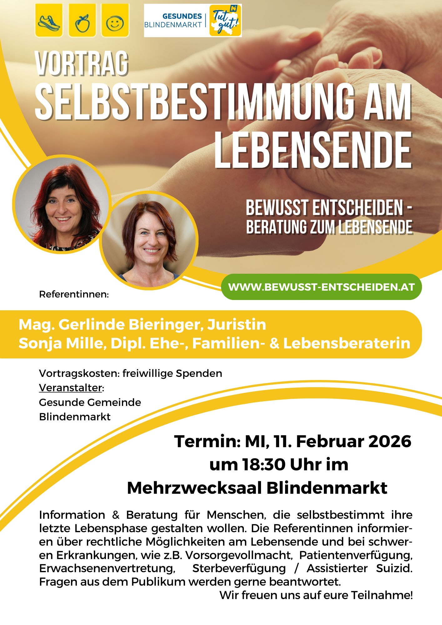 Flyer Vortrag Selbstbestimmung am Lebensende in Blindenmarkt
